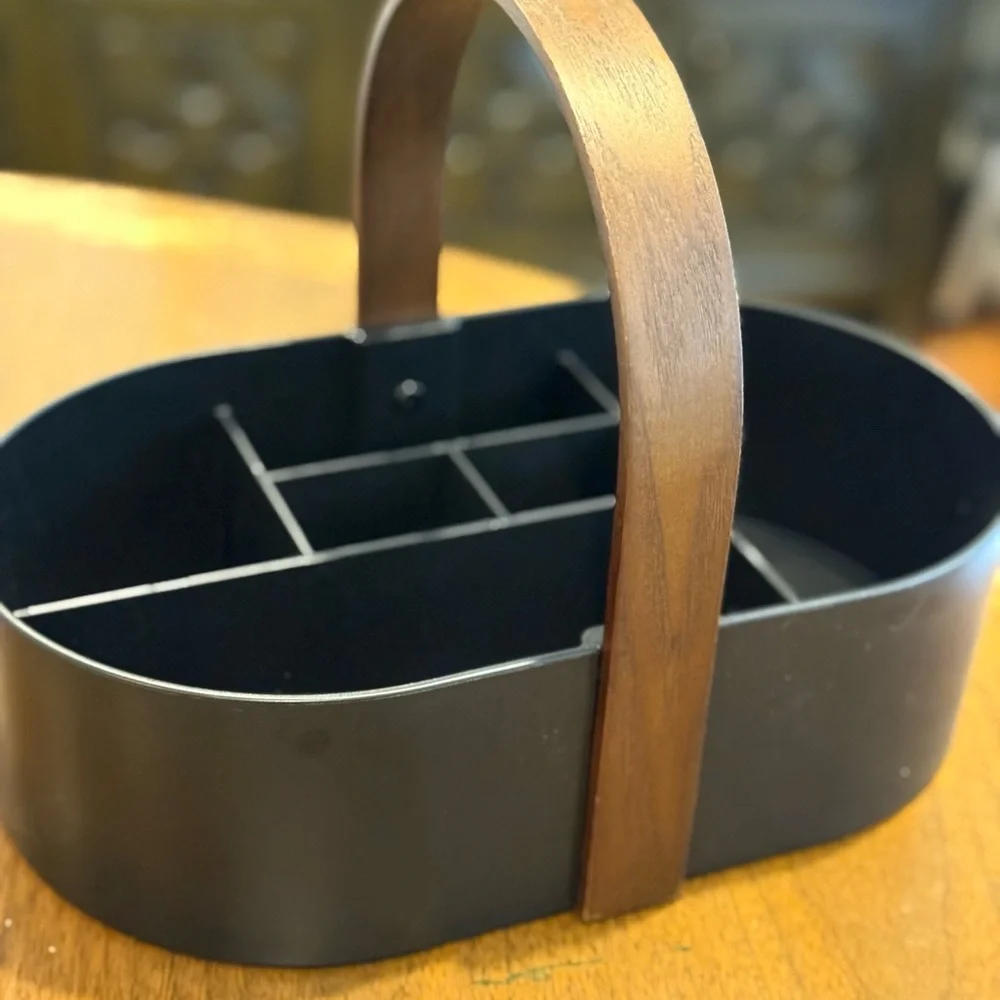 Black Metal Organizer with Wooden Handle